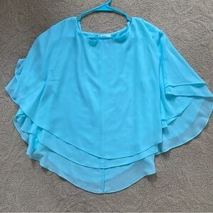 Esley Boho Shirred Size Small Light Blue Teal Tulled Blouse Shawl Cape Chiffon
